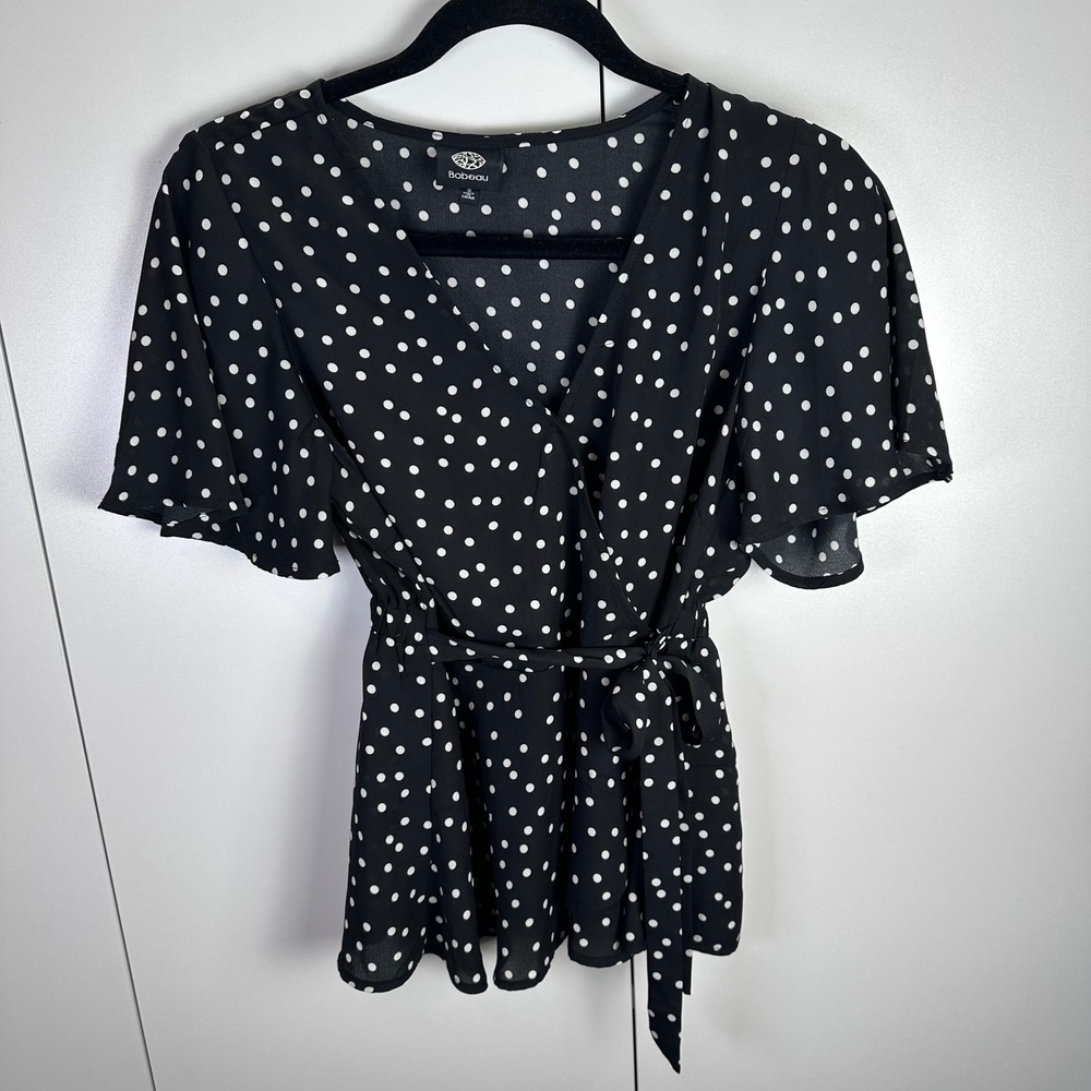 Bobeau Womens S Black White Polka Dot Faux Wrap Peplum Flutter Sleeve Blouse
